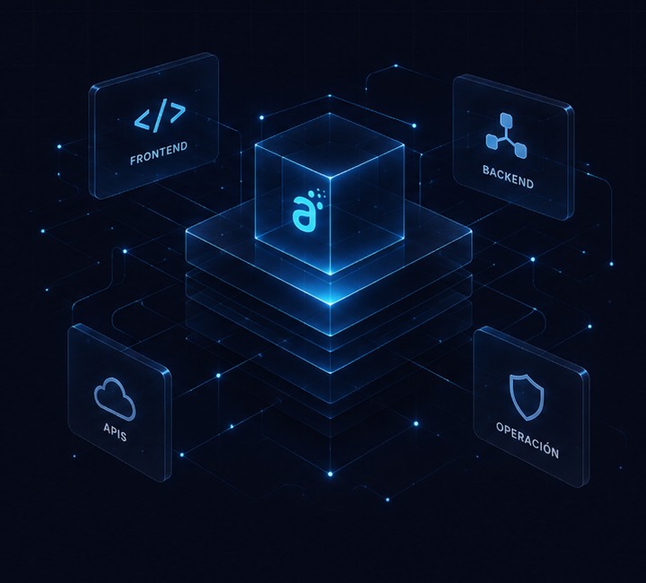 Arquitectura tecnológica conectada: frontend, backend, APIs y operación